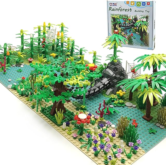 The ZHX Rainforest Jungle Bridge Building Block Toys with 2pcs Baseplates(10x10 inches Each) Garden Bricks Accessories Bush Flowers Animals Coconut Trees for Classic Brick Block Toys