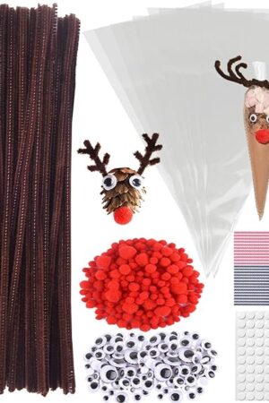 The QNFANN 650 Pcs Christmas Brown Pipe Cleaners Craft Set, Chenille Stems, Googly Eyes, Red Pom Poms, Cone Shaped Cellophane Treat Bags