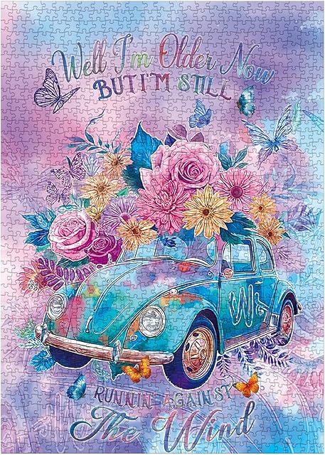 The Colorful Car Flower Puzzles for Adults 1000 Pieces, Gradient Inspirational Plant Art Jigsaw Puzzles, Beautiful Butterfly Floral Impossible Aesthetic Puzzle