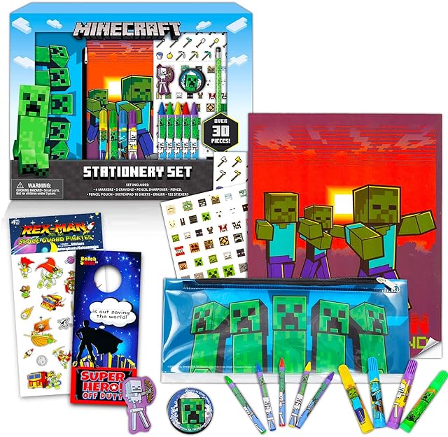The Minecraft Stationery Bundle ~ 10+ Pc Stationery Set with Notebook, Erasers, Stickers and More | Minecraft School Supplies for Kids