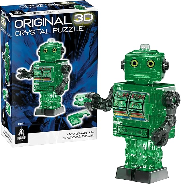 The Bepuzzled Green Tin Robot Standard Original 3D Crystal Puzzle, Perfect for Puzzlers Ages 12 and Up, Challenging to Complete and Beautiful to Display, Collect Them All