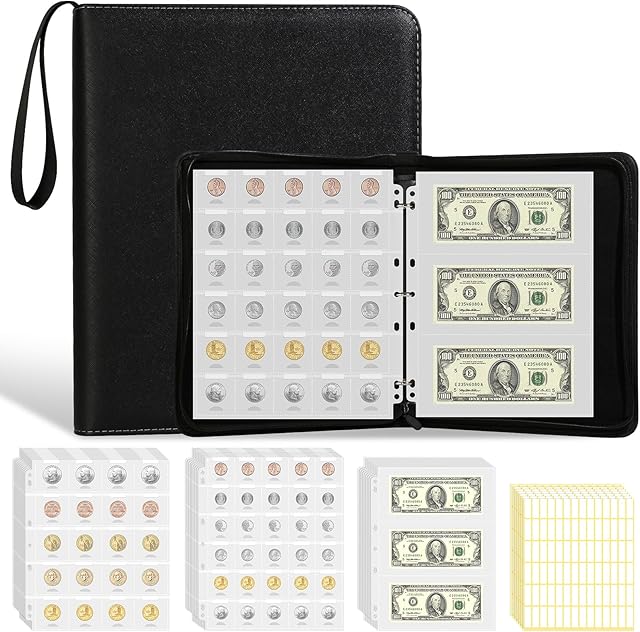 The Coin Currency Sleeves Album is for Hobby Coin Collection Holders 500 Coins Pockets 180 Bills Pockets 588 labels Coin Collection Book for Coin Money Collectibles, Pennies, Bills, Badges