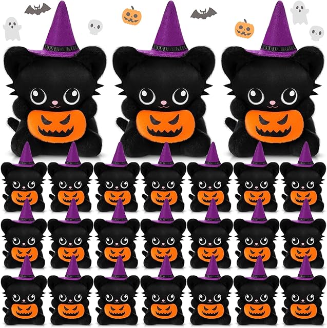 The Civaner 24 Pcs Mini Halloween Stuffed Animals Bulk Tiny Small Halloween Soft Plush Animals Keychains with Witch Hat Pumpkin for Trick or Treat Exchange Gift Goodie Bag Fillers Party Favors (Black Cat)