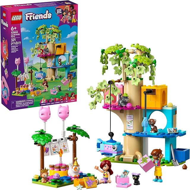 The LEGO Friends Cat Birthday Party & Tree House Building Toy - Pretend Play Building Blocks W/Cat Toys & 2 Minidolls - Creative Storytelling Kids Toy for Girls and Boys, 9+ - Birthday Gift Idea- 42666