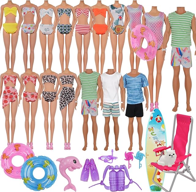 The 42Pcs Doll Clothes and Swimming Accessories for 12 inch Boy and Girl Dolls Includes Bikini Swim Suit Swim Trunks Skateboard Lifebuoys Chair Diving Swimming Sets for 12 inch Doll Beach Style
