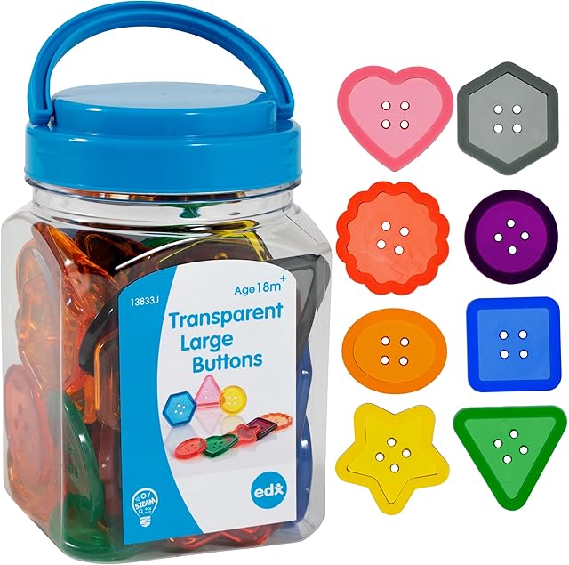 The edxeducation Transparent Large Buttons | Mini Jar | Light Table Accessories | For Ages 18m+ | Sensory and Fine Motor Skill Development