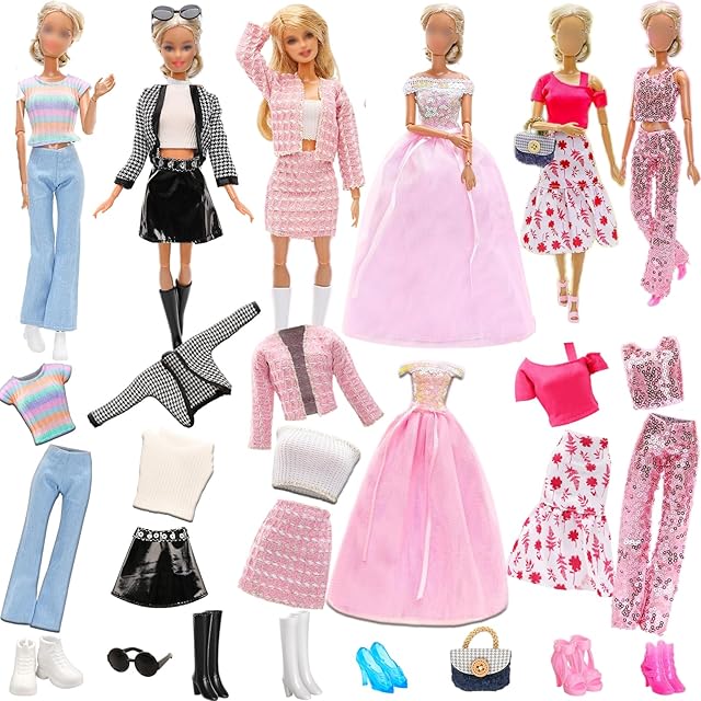 The 15 Pieces Fashion Doll Clothes & Accessories Set-6 Outfits Includes Chic Suits Party Gown Dress Outfit Stylish Dress Casual Clothing 3 Accessories with 6 Pairs of Shoes,Glasses ,Bag for Girl Dolls