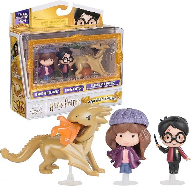 The Wizarding World Harry Potter, Micro Magical Moments Year 4 Set with Harry, Hermione & Hungarian Horntail Dragon Toy & Display Case, Kids Toys