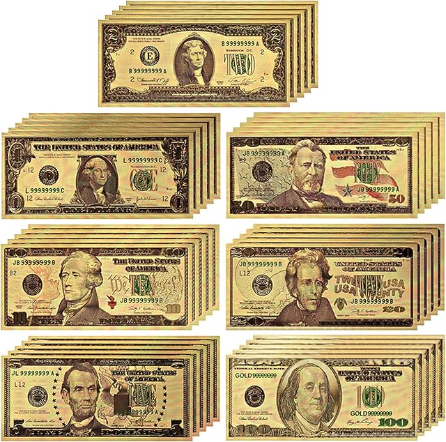 The USA President 1/2/5/10/20/50/100 Dollar Bill Banknote, 24k Gold Coated Legacy Limited Edition Chief Executive Banknote Bill Great Gift for Coin Currency Collectors and Republican (35 Pack)