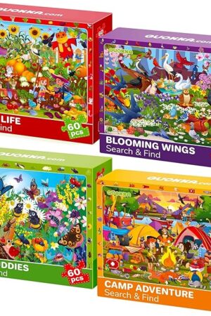 The QUOKKA Puzzles for Kids Ages 6-8 - Toddler Puzzles Ages 4-6 - 4-Pack 60 Piece Search and Find Animals and Bugs Jigsaw Puzzle 5-8 - Learning Toys for 3 Year Old Boys and Girls - Educational Games Gift