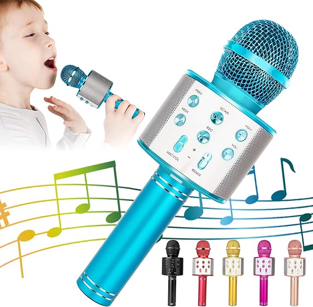 The KIDWILL Wireless Bluetooth Karaoke Microphone for Kids, 5-in-1 Portable Handheld Karaoke Mic Speaker Player Recorder with Adjustable Remix FM Radio for Kids Girls Boys Teens Birthday (858-Blue)