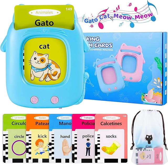 The Toddler Toys Talking Flash Cards for 1 2 3 4 5 6 Year Old Boy Girl Birthday Gift, Montessori Educational Bilingual Spanish & English Learning Toy for Toddlers 1-3, Sensory Toys for Kids with Autism