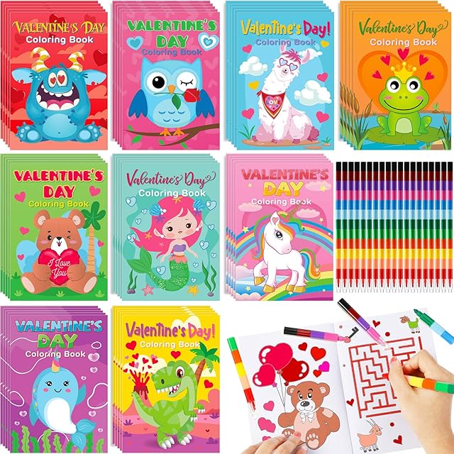 The Geyee 54 Pcs Valentine's Day Coloring Books for Kids with Stacking Crayons 27 Mini DIY Coloring Book 27 Color Changing Pencils for Valentine Gift School Classroom Activity Supplies