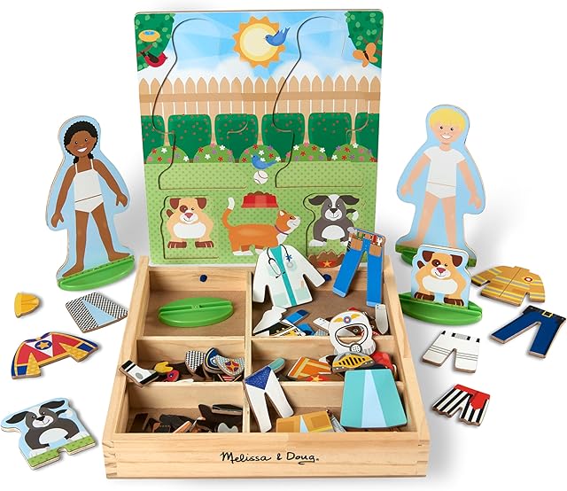 The Melissa & Doug Occupations Magnetic Dress-Up Wooden Dolls Pretend Play Set (82 pcs) Pretend Play & Preschool Toys for Kids Ages 3+