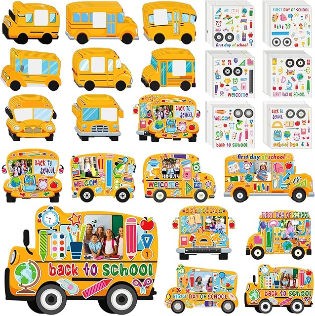 The 96 Pcs School Bus Picture Frame Craft DIY First Day of Back to School Photo Frame Craft Gift Bulk with Stickers for Students 1st Day Activities Teacher Classroom Decor Party Supplies