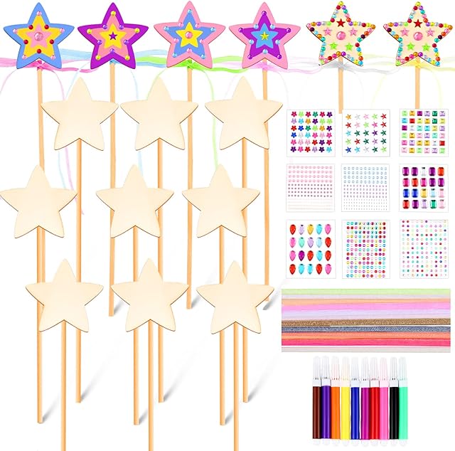 The 57 Pcs Star Princess Fairy Wands Kit Make Your Own Princess DIY Art Craft Magical Wand Include 18 Star Wooden Fairy 9 Gem Stickers 20 Ribbons 10 Markers Party Supply