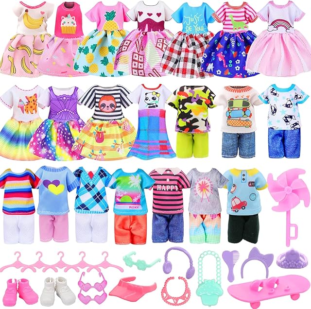 The 26 PCS for Mini 6 Inch Doll Clothes and Accessories Include 4 Tops, 4 Pants, 4 Dresses, 2 Shoes, Pink Sunglasses 1 Skate and 14 Life Accessories for 5.3 Inch - 6 Inch Dolls