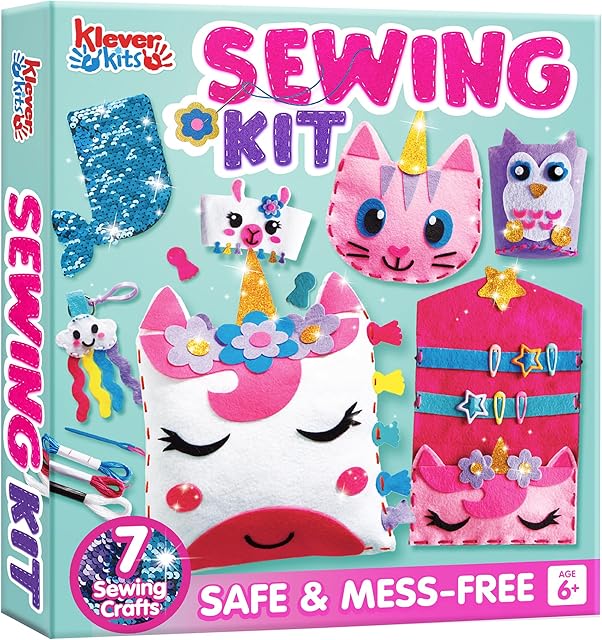 The Klever Kits 7 Sewing Projects- My First Kids Sewing Kit- Easy DIY Arts and Crafts for Girls, Craft Kits, Birthday Gifts for Kids Aged 6+, Unicorn and Mermaid Pillow