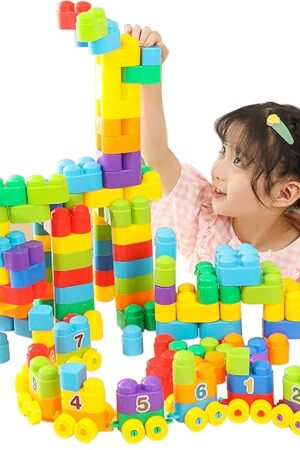 The RAINBOW TOYFROG Building Blocks Toys for Toddlers–Educational Development STEM Toys–Safe Skill Building Toys for Boys&Girls – Set of 74pcs with Alphabet &Umber Stickers – Included Storage Bag