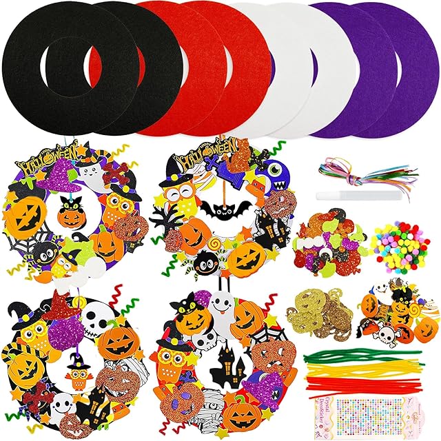 The X Hot Popcorn 270 Pcs Halloween Wreath Decorations Set Wreath Signs Handmade Kits Ghost Owl Witch Bats Monster Stickers for Party Activities Art Ornament Halloween Decoration Supplies