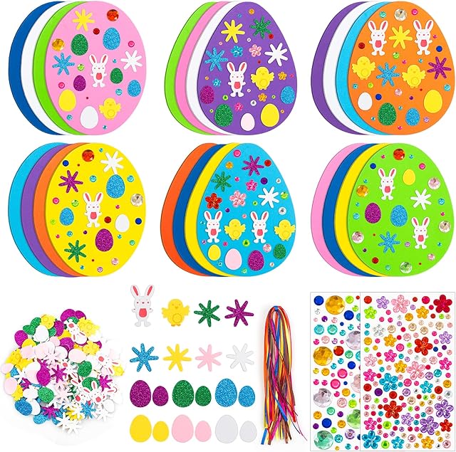 The RICEDUO Easter Crafts for Kids, 250 Pcs Easter Egg Foam Stickers Kit, 3 Styles Egg Form Crafts Hanging Ornaments, DIY Crafts Decorations for Kids Party Favors Supplies