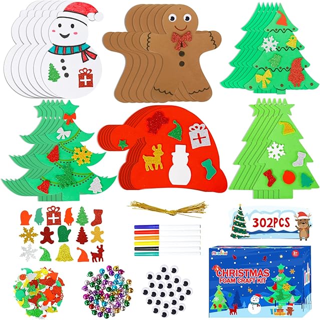 The Max Fun 302PCS Christmas Crafts Tree Foam Shapes Stickers Set Craft Kits, Xmas Tree Hat Snowman Christmas Decorations for Kids Crafts Party Favors Supplies
