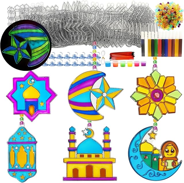 The Ayhuhra 30 Sets Ramadan Suncatcher Crafts Kits Eid Al Fitr Sun Catchers DIY Window Art Moon and Star Suncatchers Lantern Mosque Sun-Catcher for Islamic Craft Ramadan Mubarak Decorations
