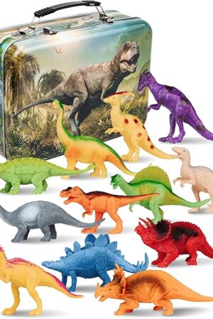 The PLAYVIBE Dinosaur Toys - 12 Realistic 7-Inch Models, Multi-Color, Metal Storage Box - Dinosaur Figures & Action Figures for Kids Ages 3-7