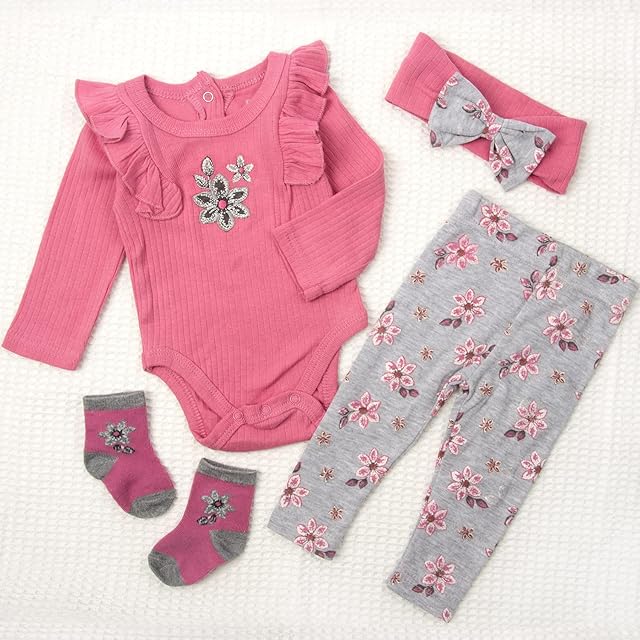 The Reborn Baby Doll Clothes 24 Inch Pink Embroidered 4 Pieces for 22-24 Inch Newborn Reborn Dolls Clothes Accessories