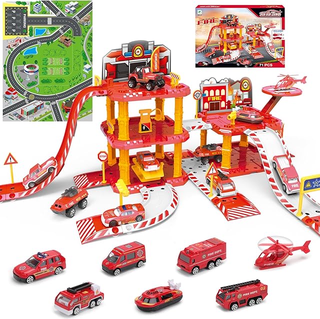 The deAO Fire Station Toy Truck Car Race Tracks Vehicle Set Firefighting Playset Fire Station Pretend Play Toy with City Map Helicopter, Preschool Learning Educational Toys Birthday Gifts for Boys Girls
