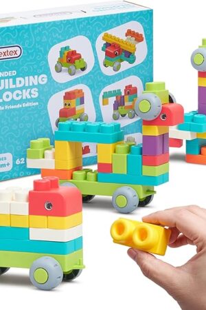 The PREXTEX Soft Building Blocks for Toddlers 18 Months and up- 62-Piece Rounded Multicolored Bricks - Educational Toy - Vehicle Friends Edition for Interactive Family Fun and Creative Play