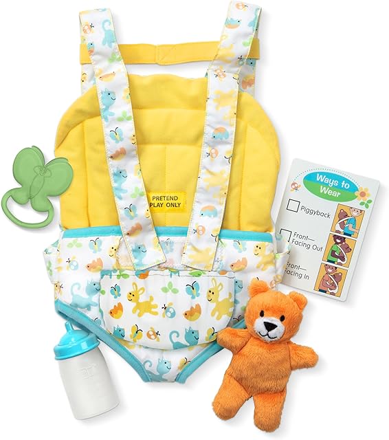 The Melissa & Doug Mine to Love Carrier Play Set for Baby Dolls with Toy Bear, Bottle, Rattle, Activity Card