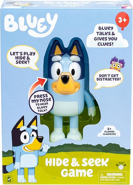 The Bluey Hide & Seek Game, Hide The Figure and Press her Nose to Start The Built-in Timer, Talks and Giggles to Help Kids find her, When Found, Kids can Dance to Theme Song