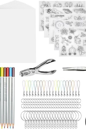 The POUYRBA Shrink Plastic Sheet Kit, 125pcs Shrink Paper Shrinky Keychain Kit Including 20 pcs Shrink Art Paper,Hole Punch, Pencils, Keychains, Tweezers and Scissors for Crafts and Keychains