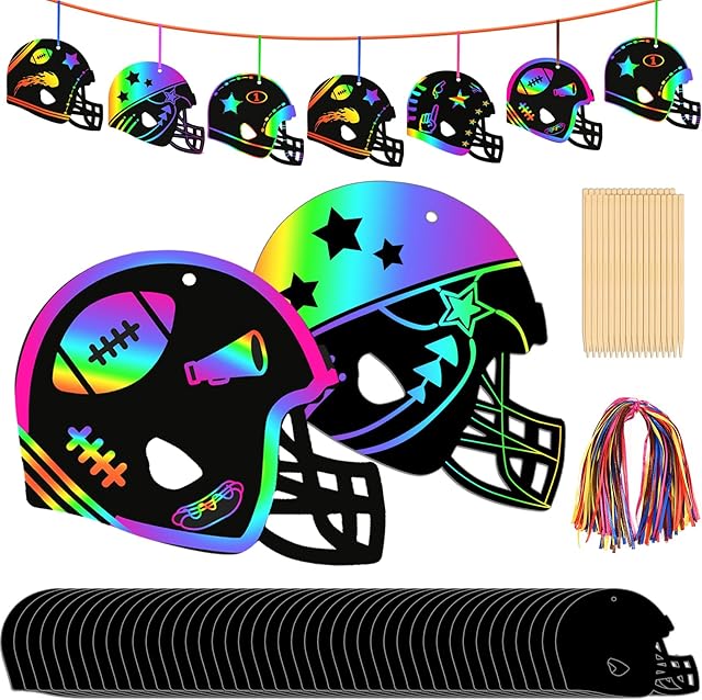 The 64 Pcs Football Scratch Paper Football Helmet Scratch Cards Ornaments with Wooden Stylus and Ribbons Color Your Own Football for DIY Crafts Painting Football Classroom Party Supplies