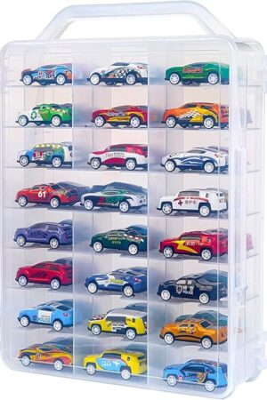 The Portable Storage Case for Hot Wheels, Matchbox Cars Double Sided Storage Box with Handle, Clear Organizer Box for 48 Toy Cars, Easy Carry Container Compatible with Diecast Toy Car, Case Only