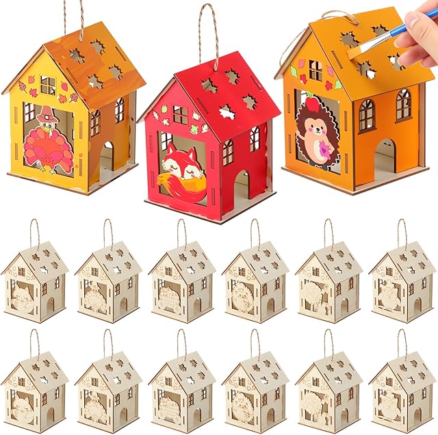 The DoubleFill 12 Pcs Fall Wooden House Craft Kits for Kids Adults Make You Own Fall House Thanksgiving DIY Unfinished Painting Turkey Arts and Crafts Kits for Autumn Party Supplies Decoration