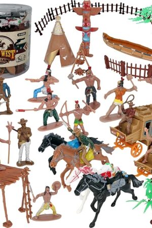 The PowerTRC 58 Pcs Wild West Cowboys and Indians Plastic Figures Toys Play Set, Toy Figure Action Soldiers and Native American Accessories Figure Playset Birthday Gift