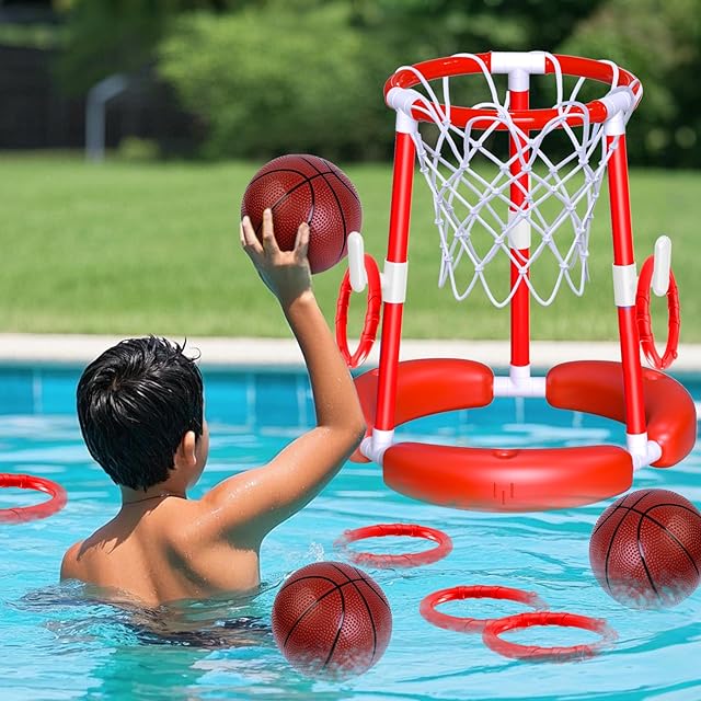 The Pool Basketball Hoop,2-in-1 Floating Basketball Hoop for Pool Games & Ring Toss Games for Kids,Summer Pool Toys,Family Swimming Toys for Boys and Girls,Birthday Gifts for Kids,Red