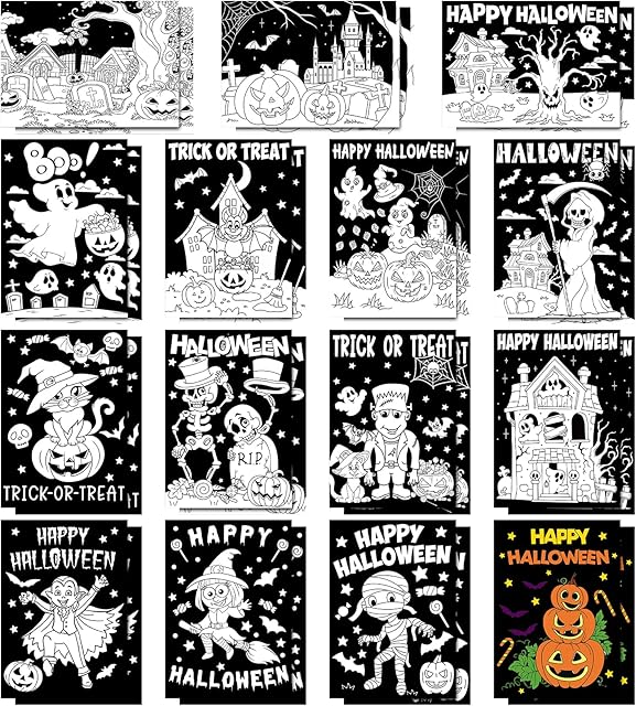 The Zhanmai 30 Pcs Halloween Coloring Posters DIY Halloween Crafts Bulk Color Horror Castle Ghosts Pumpkins Witches Skeleton Poster DIY Crafts for Holiday Party School Home Activities