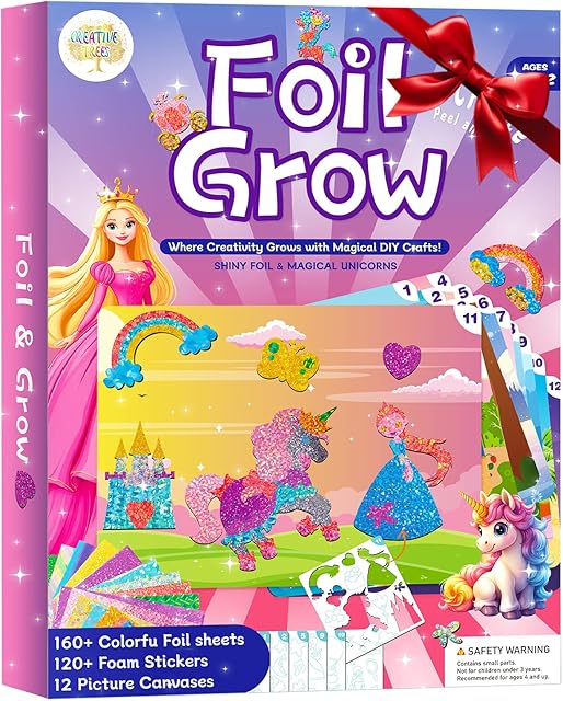The CREATIVETREES Foil Arts and Crafts for Kids – Unicorn and Princess Supplies with Clean Crafting, Mess-Free Coloring, Travel Toys, and Birthday Gifts for Girls Ages 4 5 6 7 8 9-12