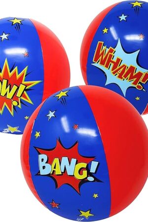 The Podzly 12 Inflatable Superhero Party Beach Balls - 12" Comic Pow Wham Bang Designs with Secure Valve, Beach Party Favors for Kids, Pool Birthday Water Games Decorations & Gifts, Fun Play for Outdoors