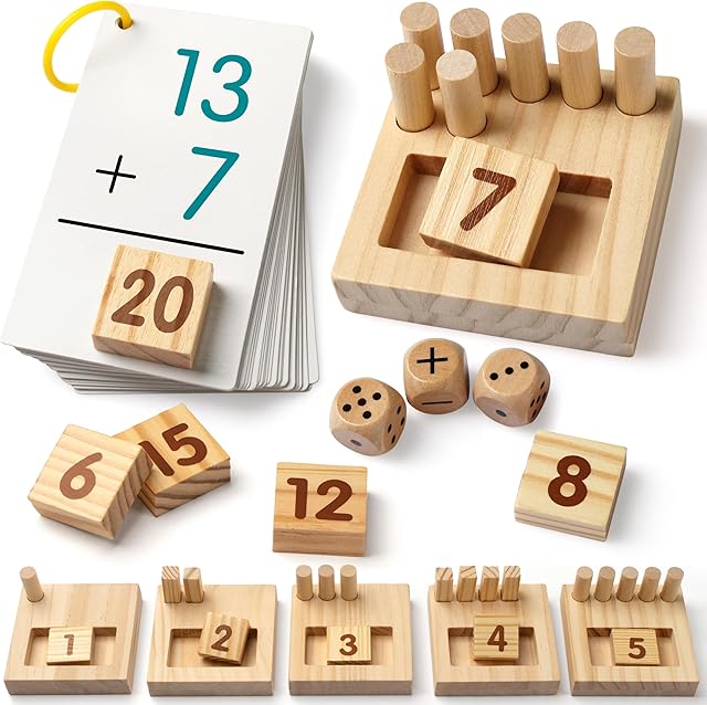 The SYNARRY Wooden Counting Peg Boards - Montessori Math Manipulatives for Kindergarten Learning Activities, Number Addition and Subtraction Games for Homeschooling, Math Counters Toys for Kids Ages 3-8
