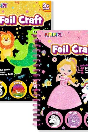 The pigipigi Art Craft Activity for Kids: Fun Foil Princess & Dinosaur DIY Toy Kit, No Mess Creative Travel Supply Set, Idea Gift for Girl Boy Children 3 4 5 6 7 8 9 Year Old