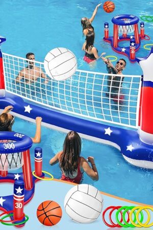 The Pool Games Set, Volleyball Net & Basketball Hoop & Ring Toss, 3-in-1 Large Inflatable Water Sport Game Toys for Multi-Player Adults Kids American Flag Swimming Beach Toy for Party Summer