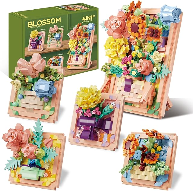 The Flowers Building Set for Women - 4 In 1 3D Flower Picture Frames Building Sets, Rose Sunflower Botanical Collection Home Office Decor, Ideas Gift for Valentine Mother's Day Birthday Xmas Girls Adults