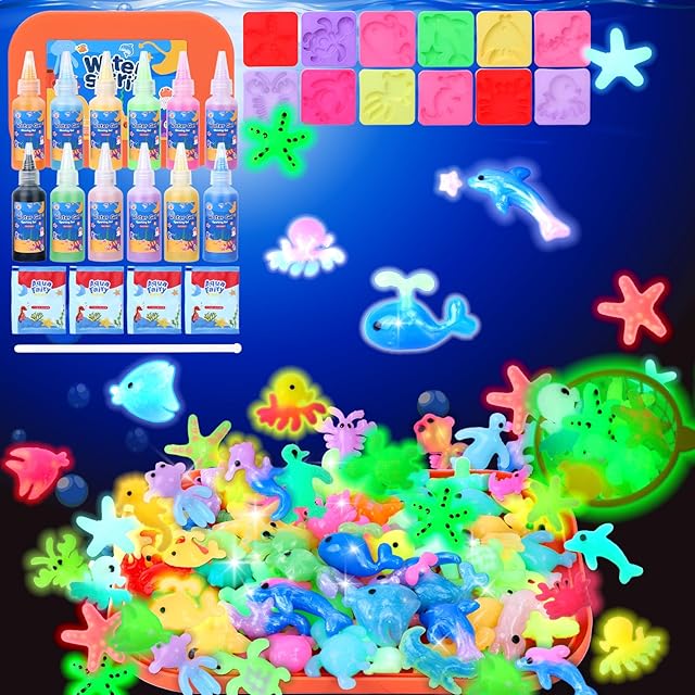 The Glow in The Dark, Magic Water Elf Toy Kit, Aqua Fairy Water Gel Kit, 12 Gels 12 Ocean Molds, Squishy Maker Party Birthday Toys Gifts for 3-12 Years Boys Girls, Arts & Crafts DIY STEM Kits for Kids