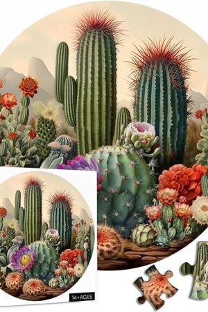 The PICKFORU Vintage Cactus Plant Puzzles for Adults 1000 Pieces and up, Retro Succulents Puzzle Including Various Cactus Flower, Round Puzzle for Plant Lovers