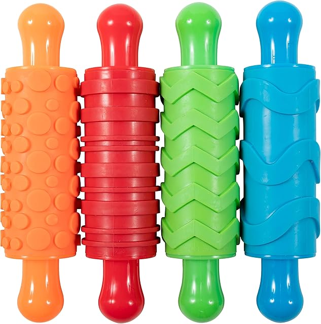 The READY 2 LEARN Paint and Dough Texture Rollers | Set of 4 | Patterned Rolling Pins for Kids | Play Dough Accessories and Art Tools