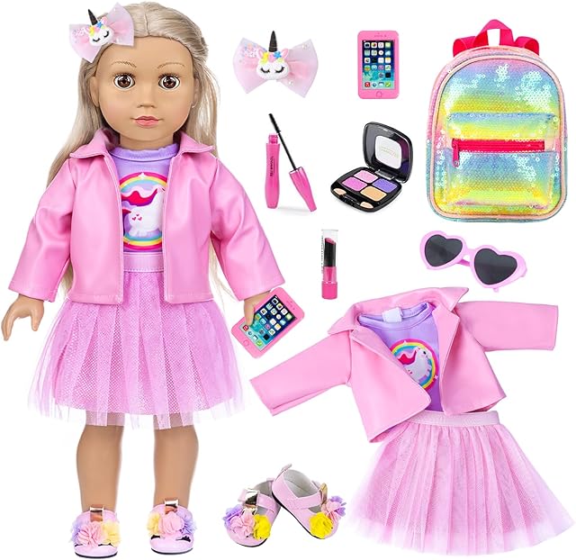 The ZNTWEI American 18 Inch Doll Makeup Accessories and Clothes Sunglasses Phone Eye Shadow Lipstick Blusher Hair Clip Backpack Doll Clothes and Shoes Makeup Play Set Gifts ( No Doll )